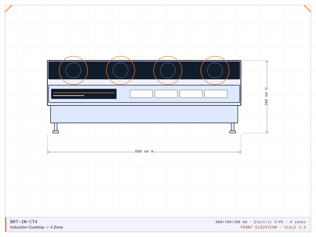 Four 3.5 kW induction zones on a Ceran glass top in a 800 mm drop-in chassis.