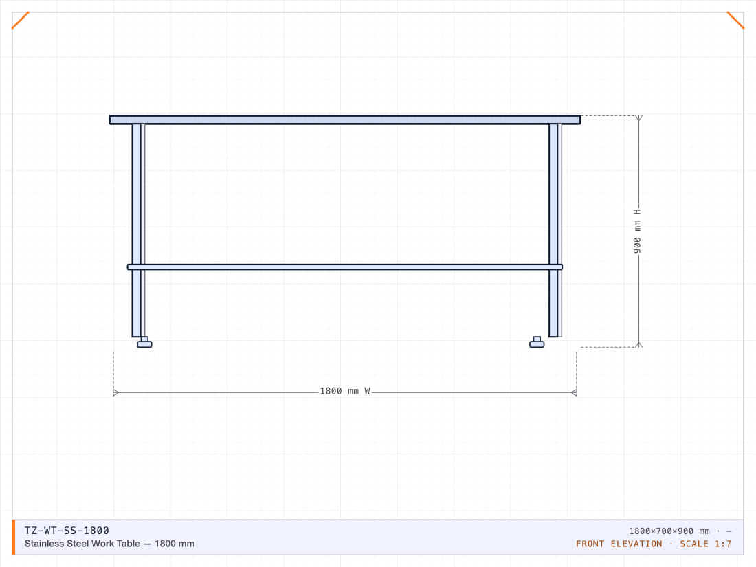 1800 x 700 mm solid-top prep table in 1.2 mm 304 stainless with a full-length undershelf.