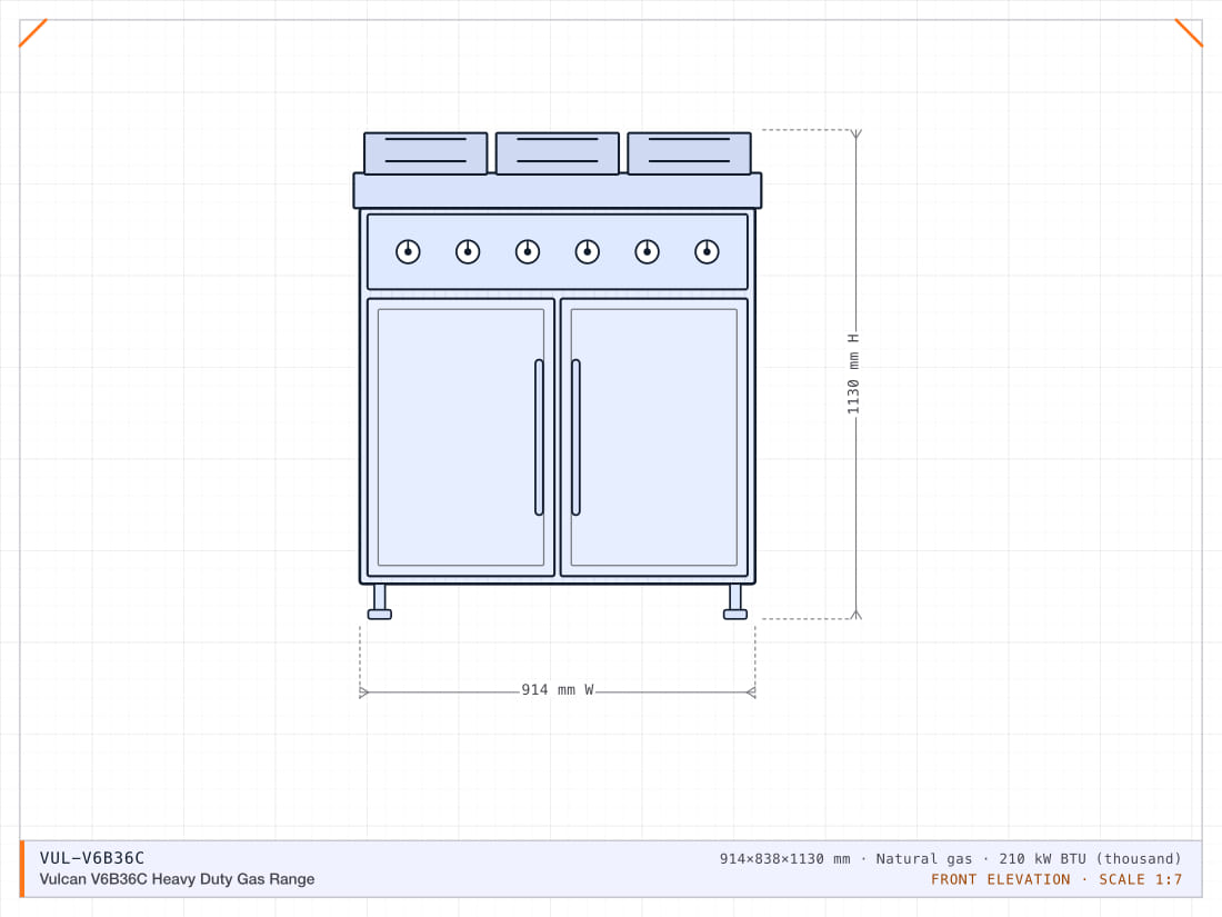 Six 35,000 BTU open burners over a convection oven base, in a 914 mm heavy-duty chassis.
